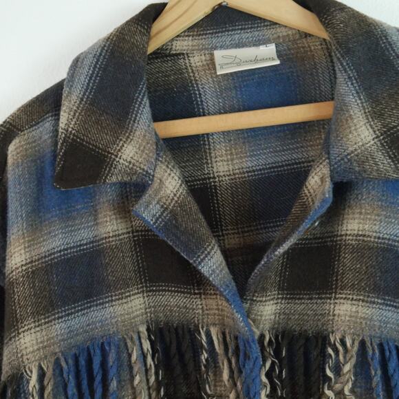 Vintage Large Shacket Oversized Western Shadow Plaid Fringe 90s Wool Blend - Picture 4 of 10